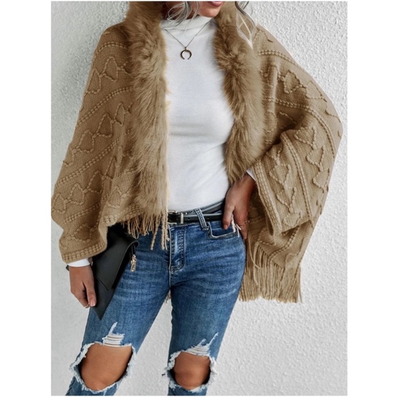 Cozy Faux Vegan Fur Fringe Tassel Open Front Sweater Cardigan - Picture 3 of 11